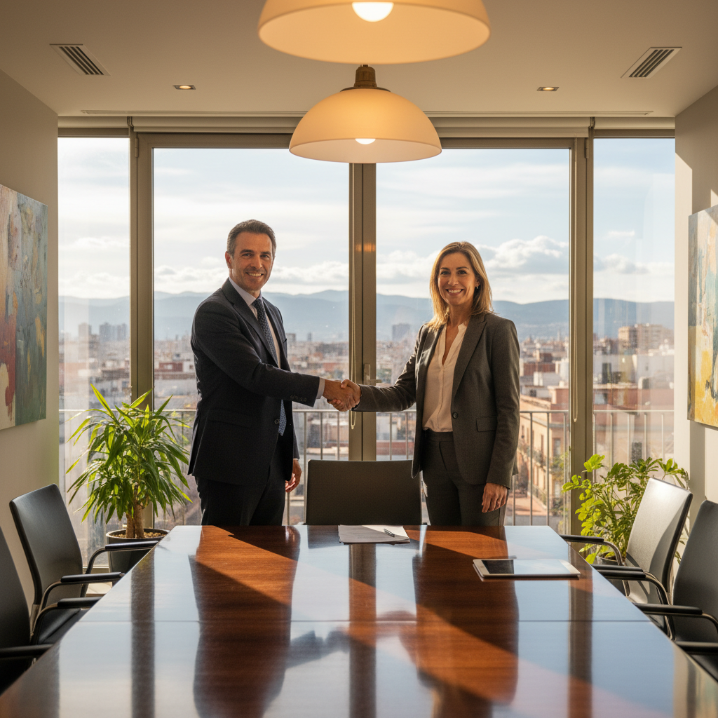 A photorealistic image of two professional adults in a modern Spanish office, shaking hands firmly over a conference table, symbolizing a successful business partnership agreement, with subtle Spanish elements like a flag or architecture in the background. No children present.