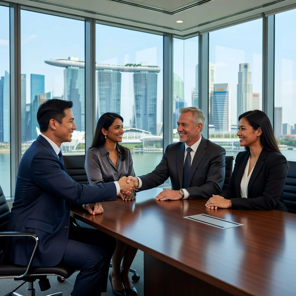 A photorealistic image of a diverse group of professional adults in a modern Singapore office, shaking hands over a business deal, symbolizing partnership and agreement in a corporate setting. The scene conveys trust, collaboration, and business growth, with elements like the Singapore skyline in the background through large windows. No children or legal documents are visible.