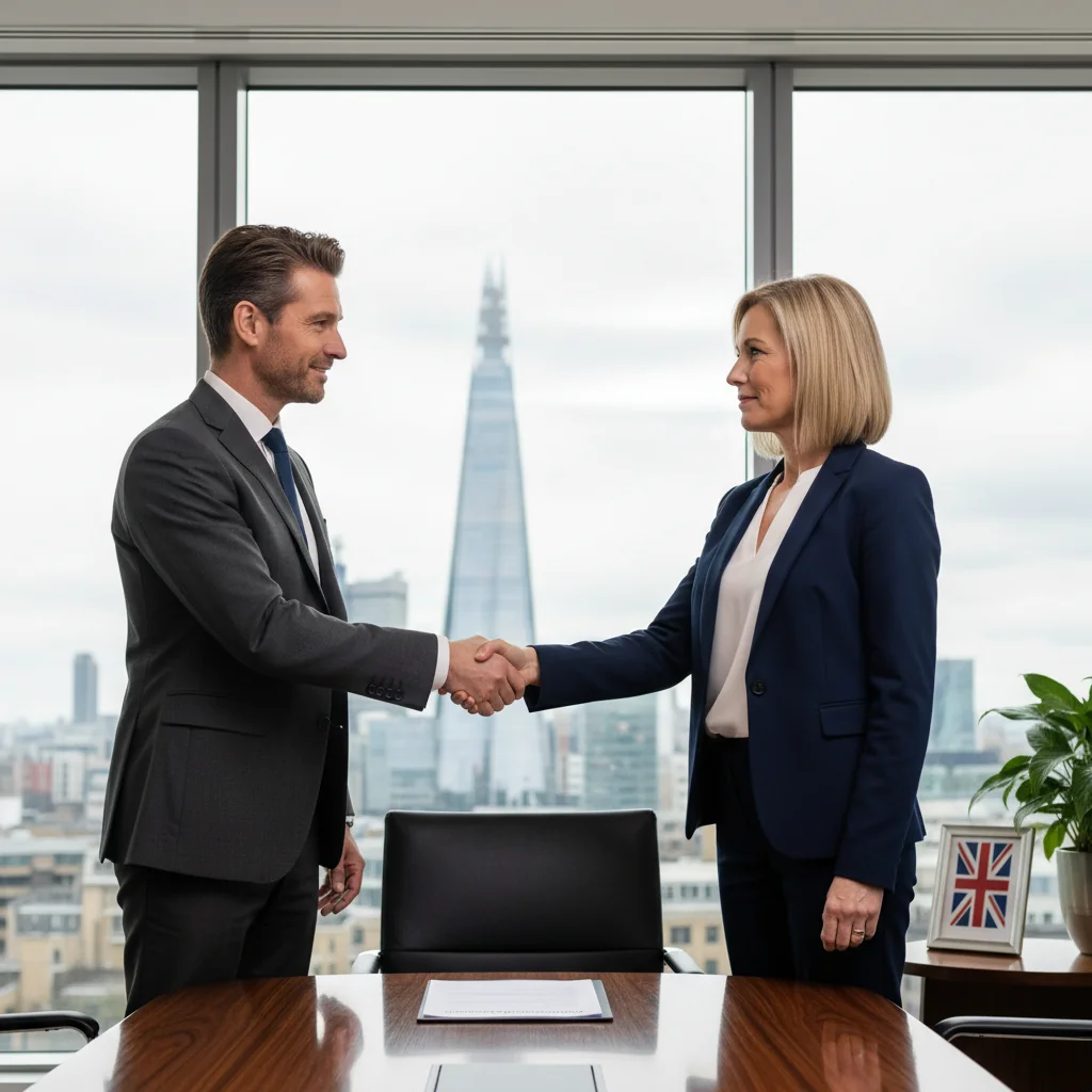 A photorealistic image of two professional adults in a modern UK office setting, shaking hands over a conference table, symbolizing partnership and agreement in business, with elements like a Union Jack flag or London skyline in the background to evoke a UK context.