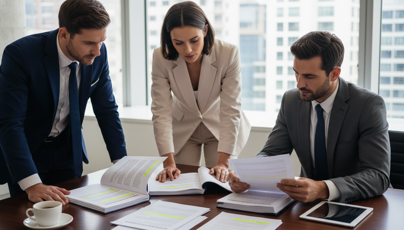 Business professionals reviewing shareholders' agreement