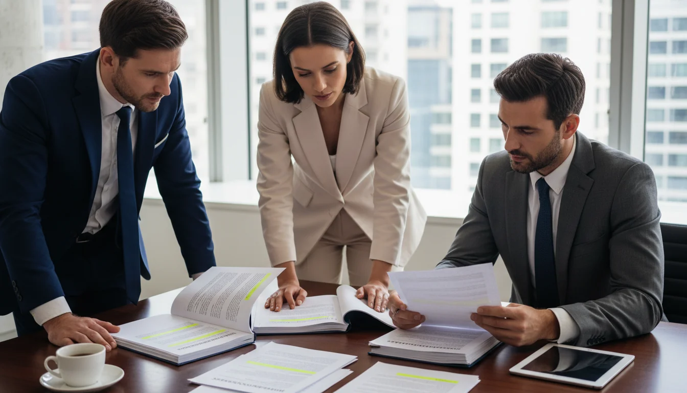 Business professionals reviewing shareholders' agreement