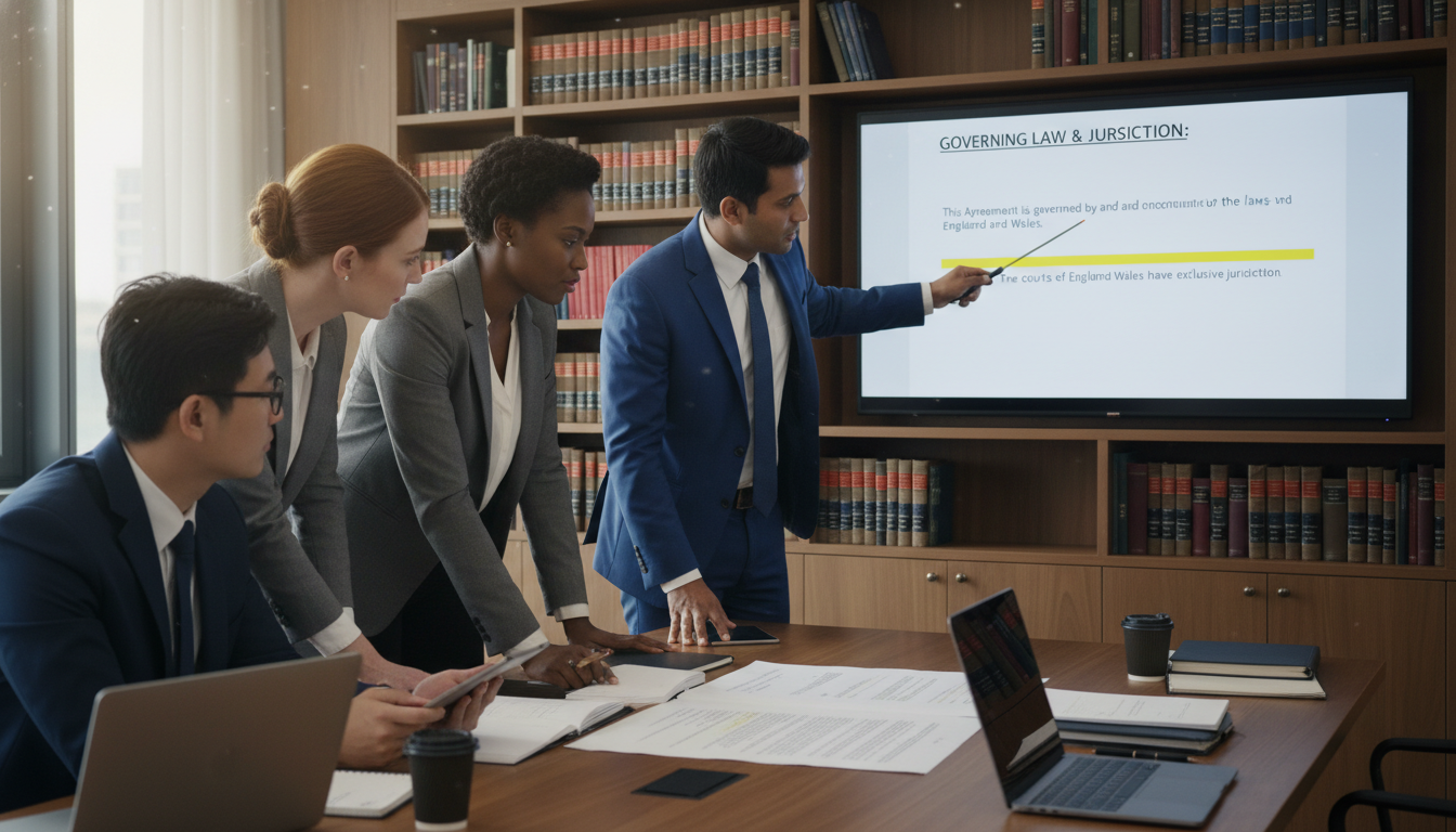 Legal team discussing agreement clauses