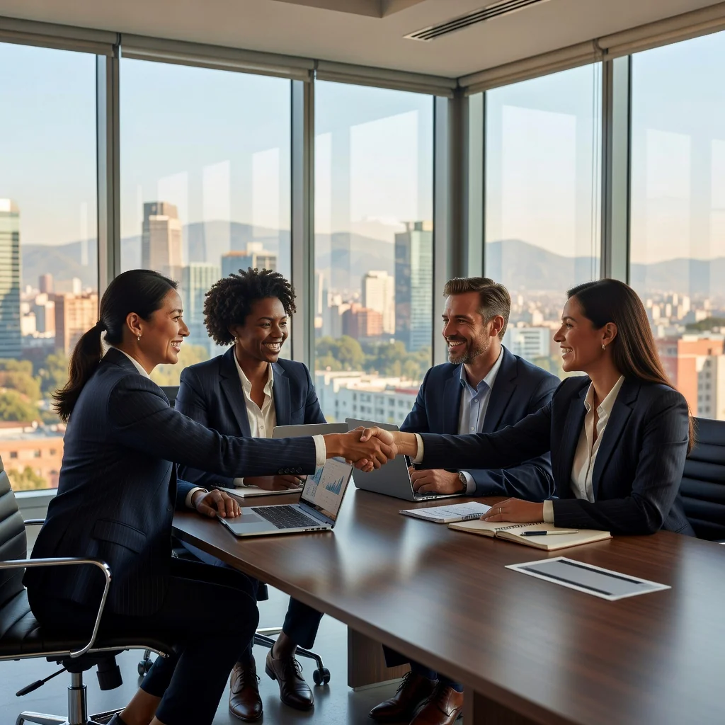 A photorealistic image of a diverse group of professional adults in a modern Mexican office setting, engaged in a collaborative business meeting around a conference table, symbolizing partnership and legal agreements in business, with elements like a Mexican flag subtly in the background to represent the context in Mexico, conveying trust, growth, and professional success.