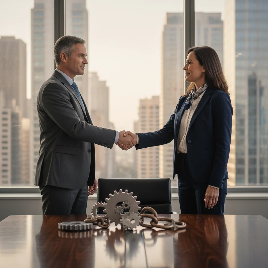 A photorealistic image of two professional business partners in a modern office, shaking hands over a conference table with subtle partnership symbols like linked chains or gears in the background, symbolizing the collaborative and protective nature of a shareholders' agreement for a GmbH company, conveying trust, agreement, and business growth.