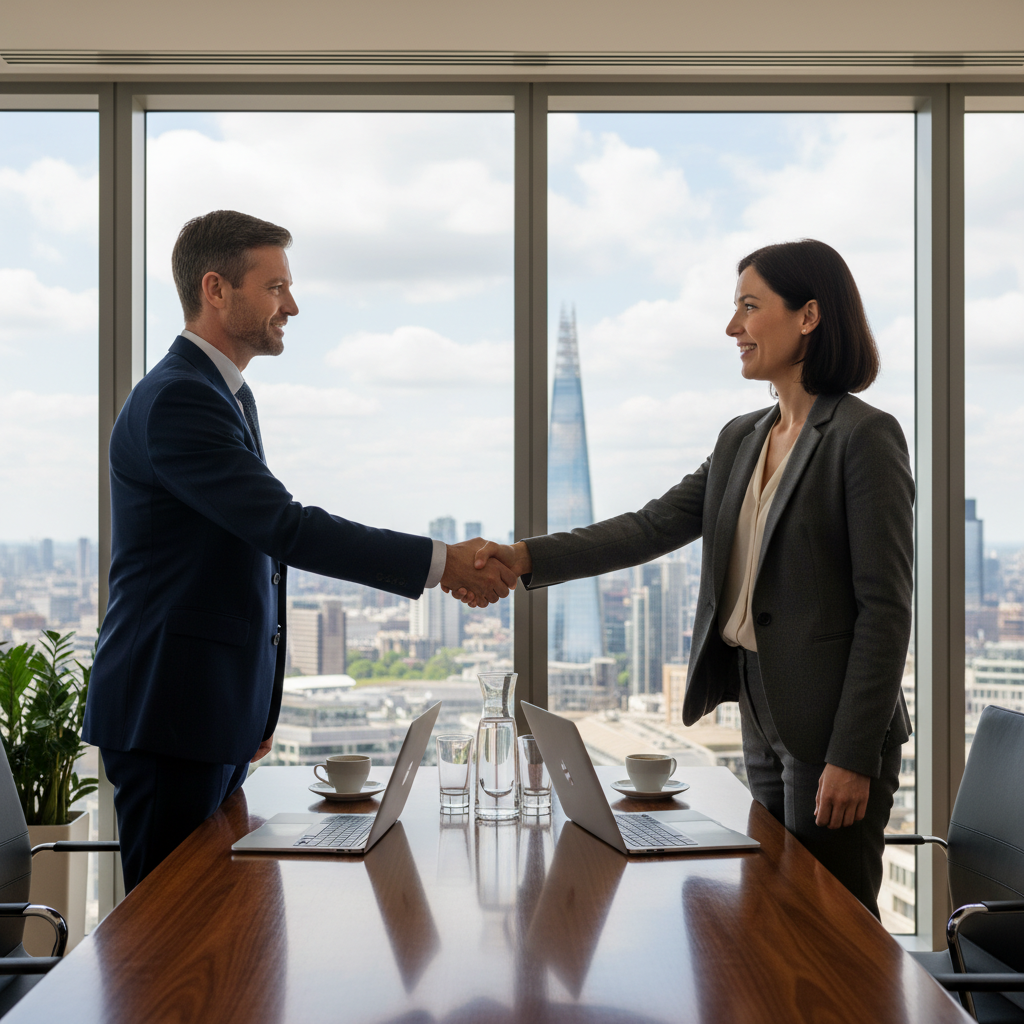 A photorealistic image of two professional business partners in a modern UK office, shaking hands over a conference table with city skyline view, symbolizing agreement and collaboration in a company.