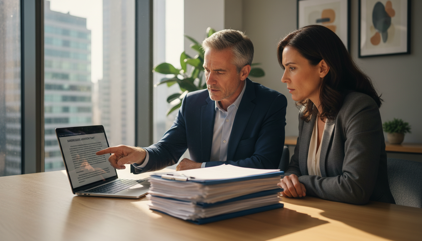 Business professionals reviewing agreement