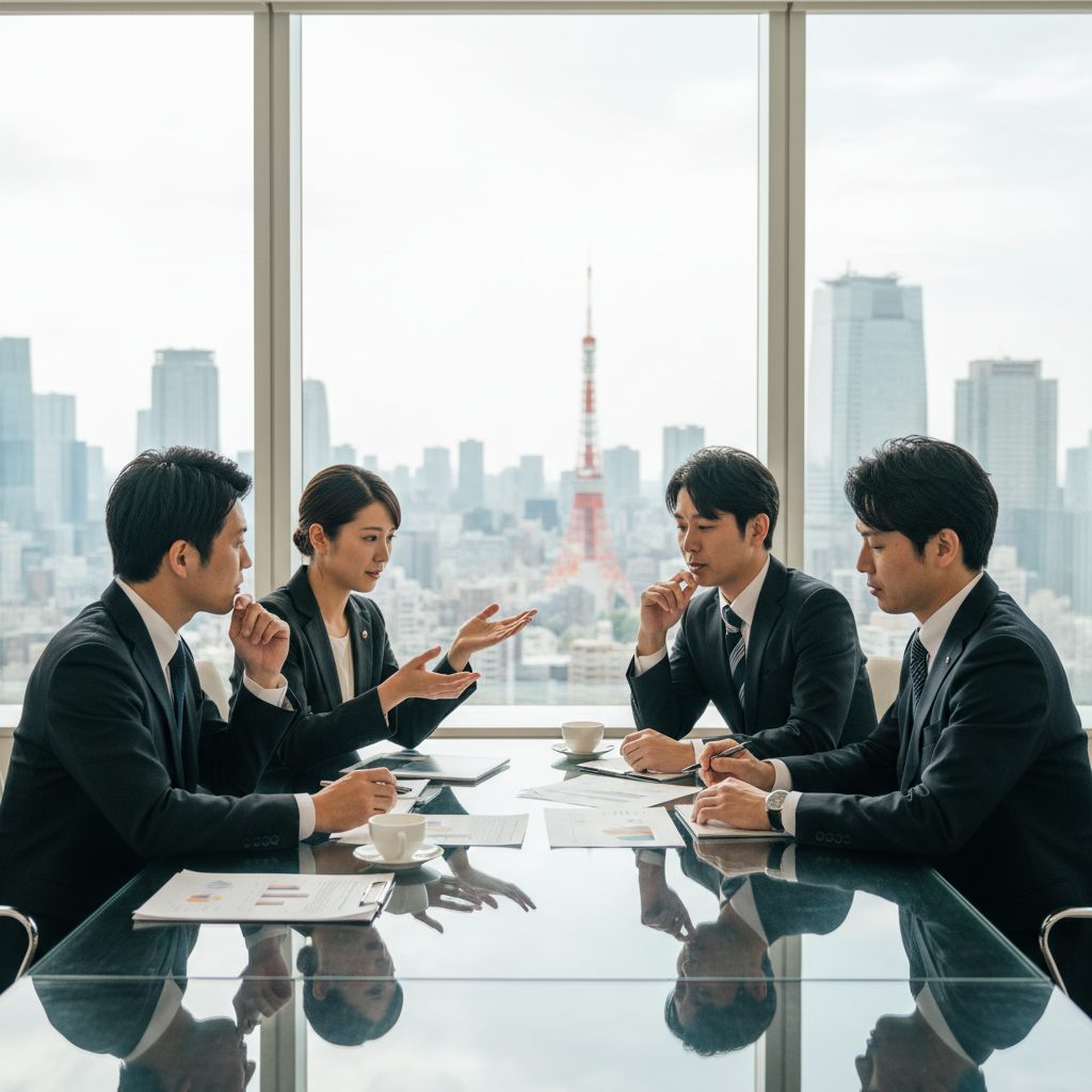 A photorealistic image of a group of professional Japanese business executives in a modern conference room in Tokyo, engaged in a serious discussion around a conference table, symbolizing collaboration and agreement in corporate governance, with subtle Japanese elements like city skyline view, no documents visible, adults only, no children.