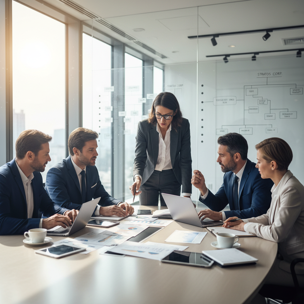 A photorealistic image of a diverse group of professional business executives in a modern conference room, engaged in a serious discussion around a table with charts and graphs, symbolizing corporate governance and shareholder agreements. The atmosphere is collaborative and strategic, with natural lighting from large windows overlooking a cityscape. No children or any individuals under 18 are present. The image is highly detailed and realistic, as if captured by a professional photographer.