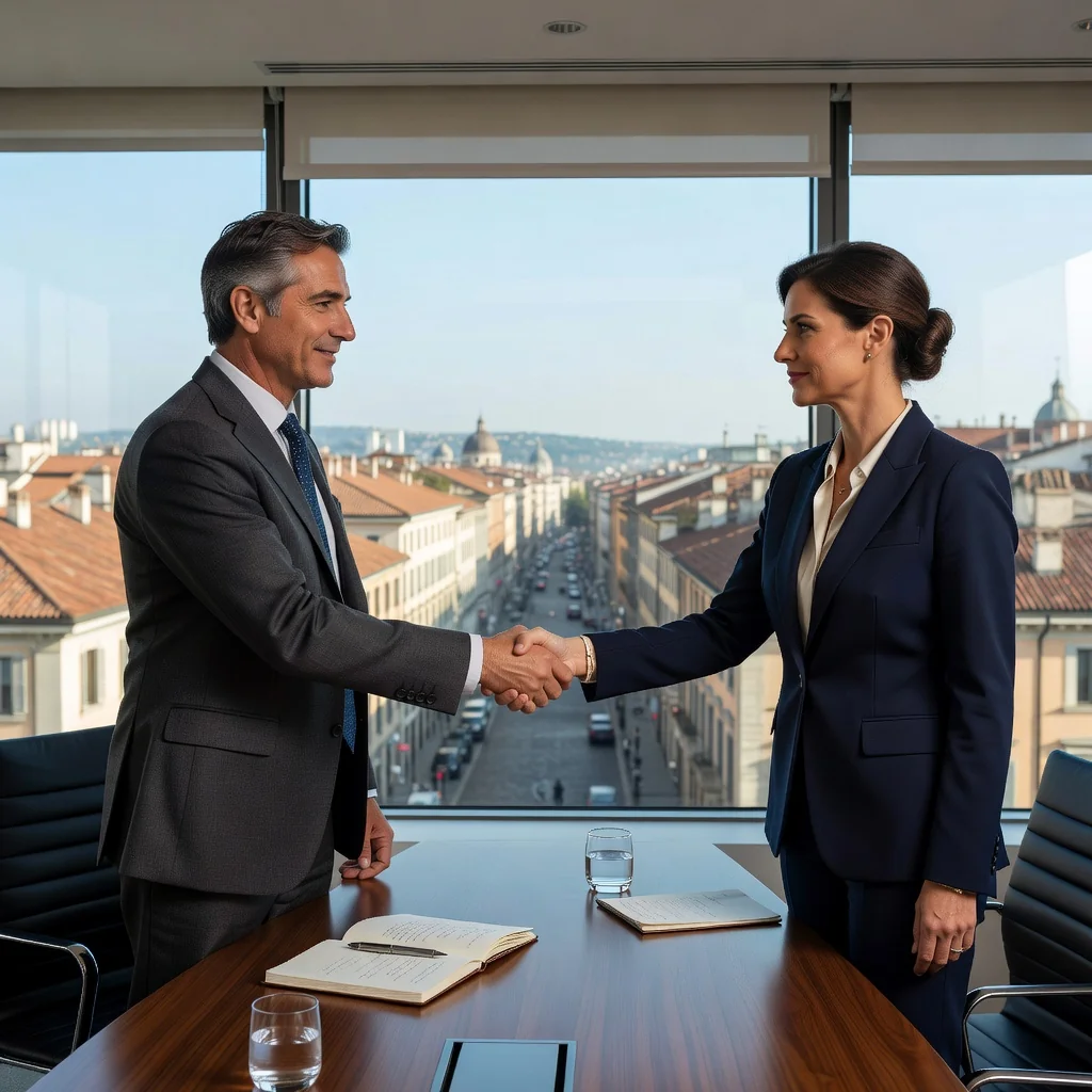 A photorealistic image depicting two Italian business professionals in a modern conference room, shaking hands over a table with subtle Italian elements like a map of Italy in the background, symbolizing partnership and agreement in a corporate setting, conveying balance between benefits and risks without showing any legal documents.
