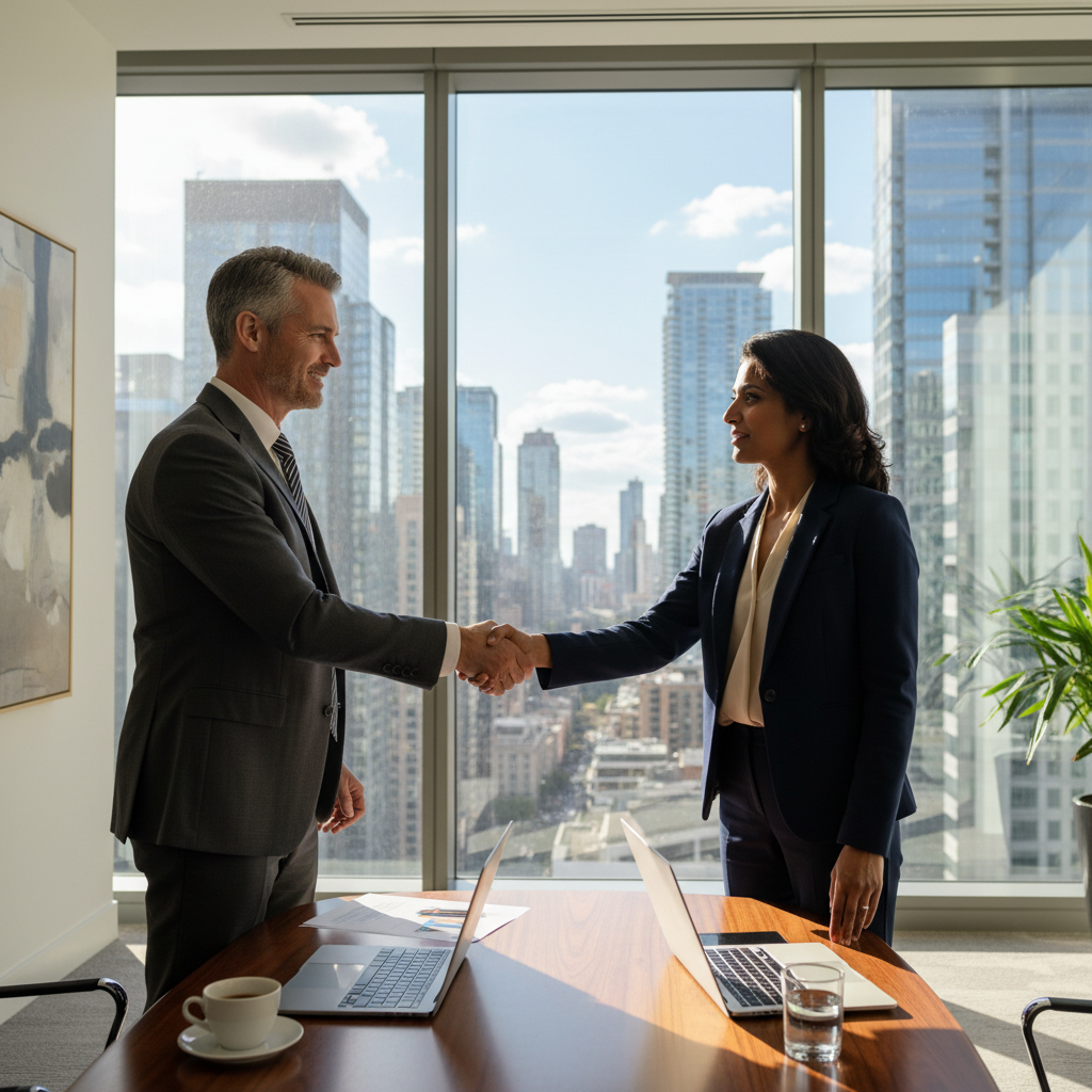 A photorealistic image of two professional adults, a man and a woman in business attire, shaking hands across a conference table in a modern office setting, symbolizing partnership and agreement in a business venture, with city skyline visible through large windows in the background, conveying trust and collaboration without any legal documents visible.
