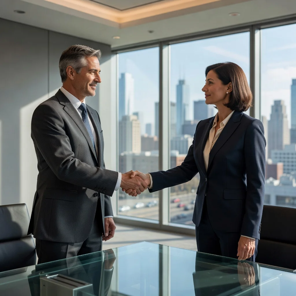 A professional business meeting in a modern office where executives are shaking hands to symbolize agreement and partnership, representing the essence of a parasocial pact for a company without focusing on any documents.