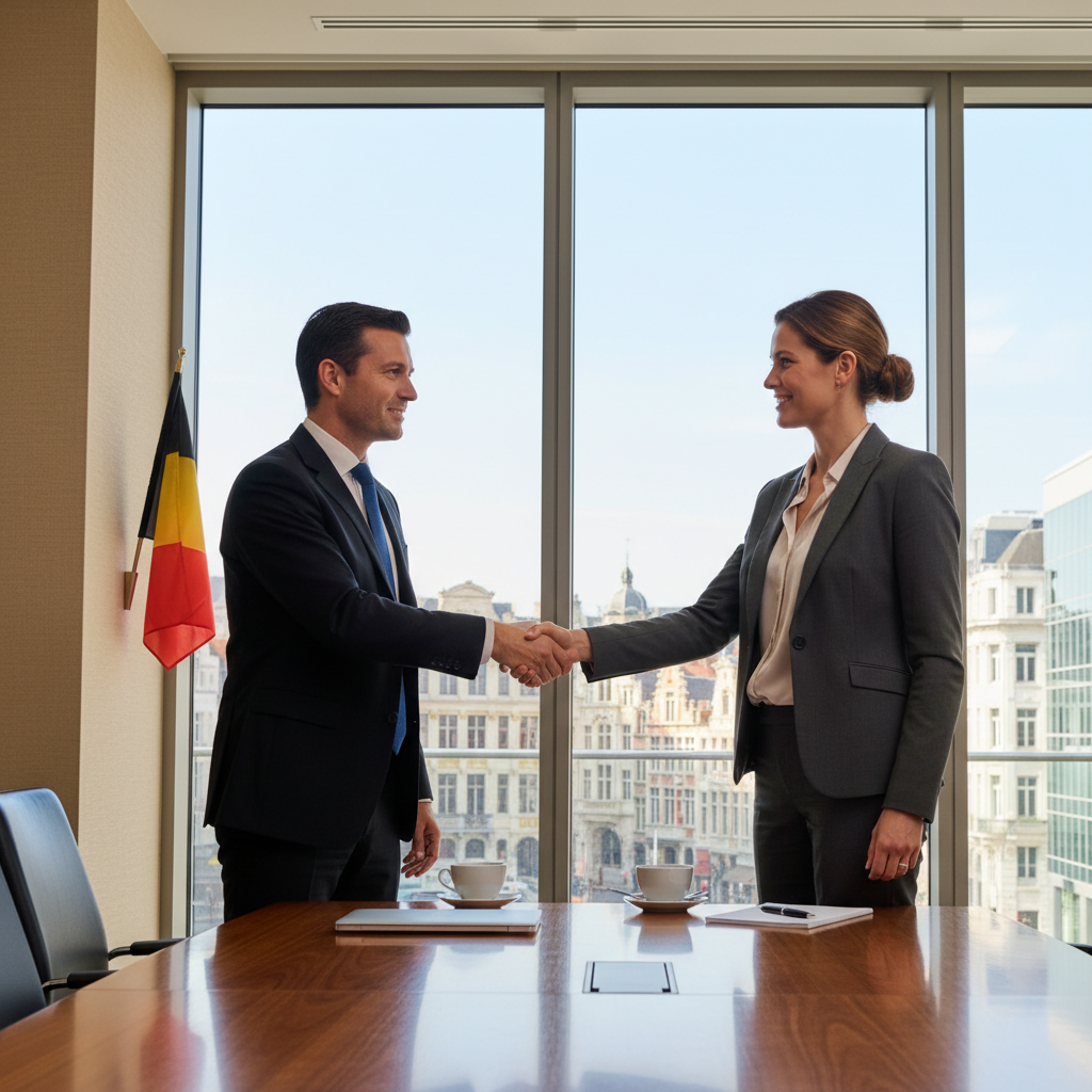A photorealistic image of two professional business partners in a modern Belgian office, shaking hands over a conference table with a subtle Belgian flag in the background, symbolizing a shareholders' agreement and partnership in business.