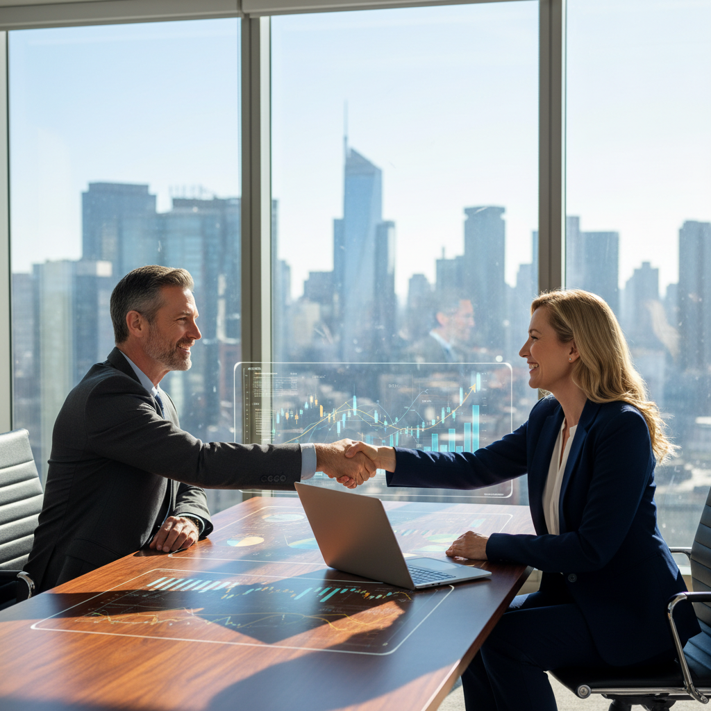 A photorealistic image of two professional adults in a modern conference room, shaking hands over a table with subtle business charts in the background, symbolizing partnership and agreement in a corporate setting, no children present.
