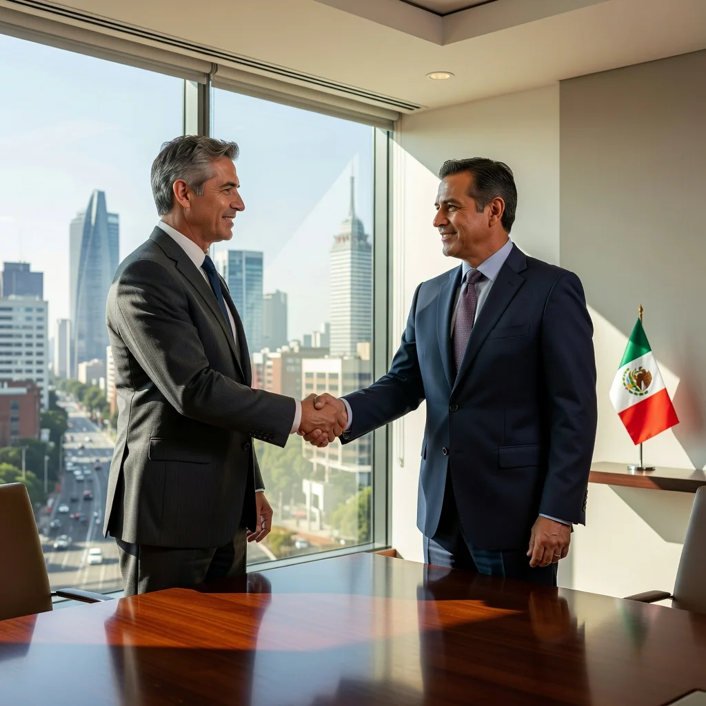 A photorealistic image representing the purpose of a shareholders' agreement in Mexico, showing two professional business partners shaking hands in a modern conference room with a subtle Mexican flag in the background, symbolizing collaboration, trust, and investment partnership among adults.