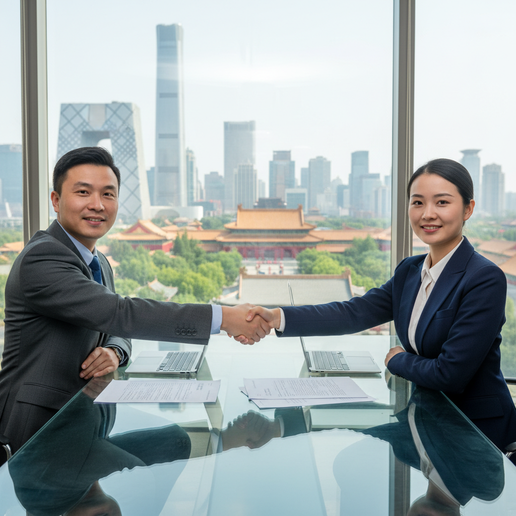A photorealistic image of two professional Chinese business executives in a modern conference room in Beijing, shaking hands over a table with subtle Chinese corporate elements like a city skyline view, symbolizing partnership and agreement in a shareholder context, no children or legal documents visible.