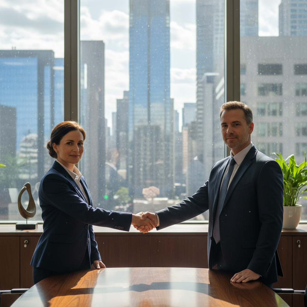 A photorealistic image of two professional business partners shaking hands across a conference table in a modern office, symbolizing agreement and partnership, with city skyline visible through the window, conveying trust and collaboration without showing any legal documents.