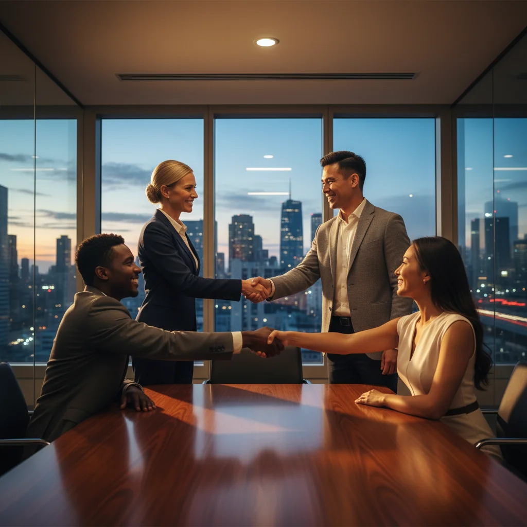 A professional group of diverse business partners shaking hands in a modern conference room, symbolizing agreement, trust, and collaboration in a US business setting. The atmosphere is positive and forward-looking, with elements like a city skyline view representing growth and opportunity.