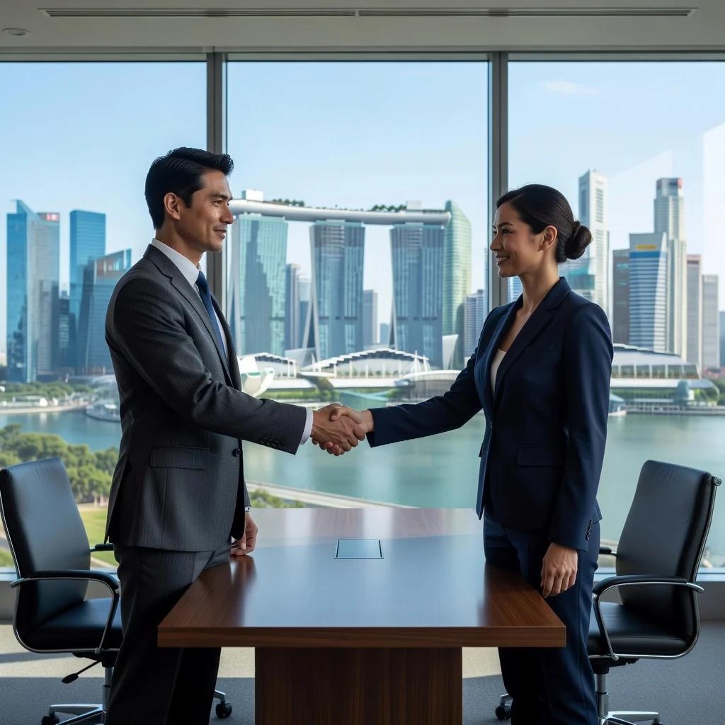 A photorealistic image of two professional business partners in a modern Singapore office, shaking hands over a conference table with a view of the city skyline, symbolizing successful agreement and partnership without showing any documents.