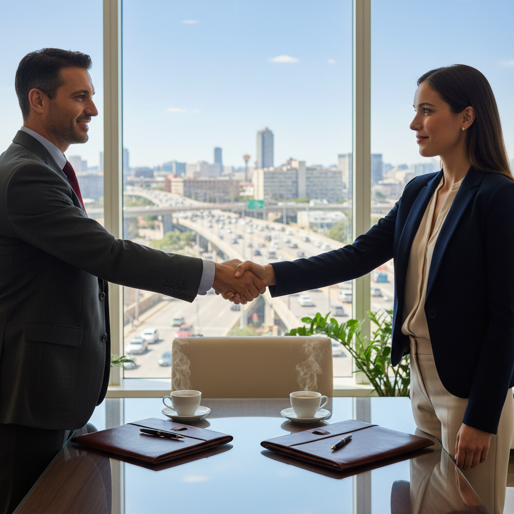 A photorealistic image of two professional business partners in a modern office, shaking hands firmly across a conference table to symbolize partnership and agreement, with city skyline visible through large windows in the background, conveying trust, collaboration, and effective business relations.