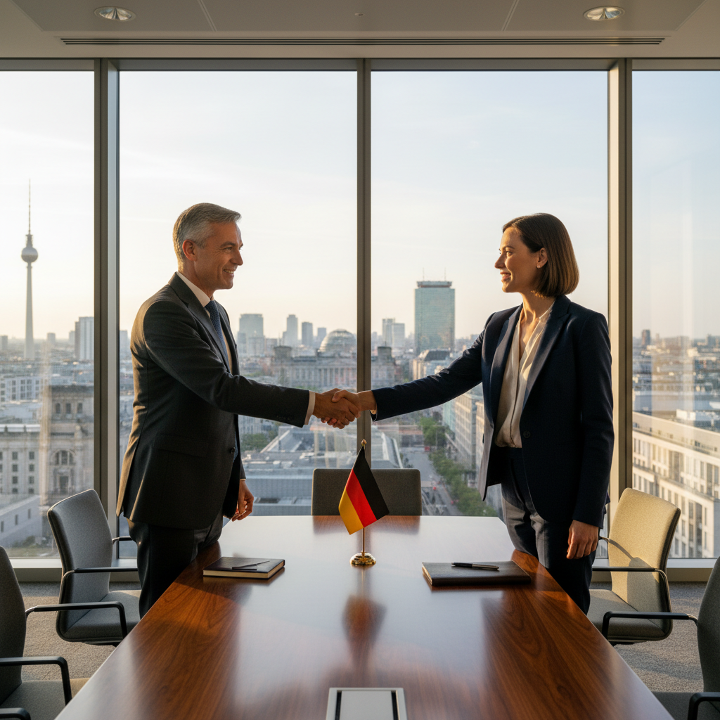 A photorealistic image of two adult business professionals in a modern German office, shaking hands over a conference table with subtle German flags or Berlin skyline in the background, symbolizing partnership and agreement in a business context.