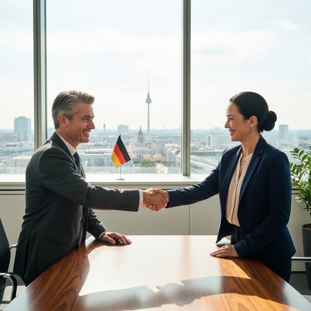 A photorealistic image of two professional business partners in a modern German office, shaking hands over a conference table with a subtle German flag in the background, symbolizing partnership and agreement in business, no legal documents visible, no children present.