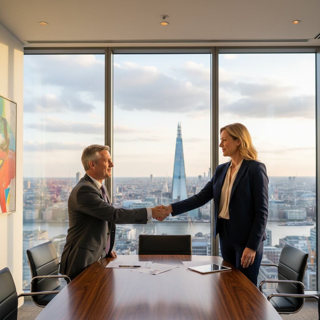 A photorealistic image of two professional adults in a modern office setting, shaking hands over a conference table with city skyline view in the background, symbolizing partnership and agreement in business.