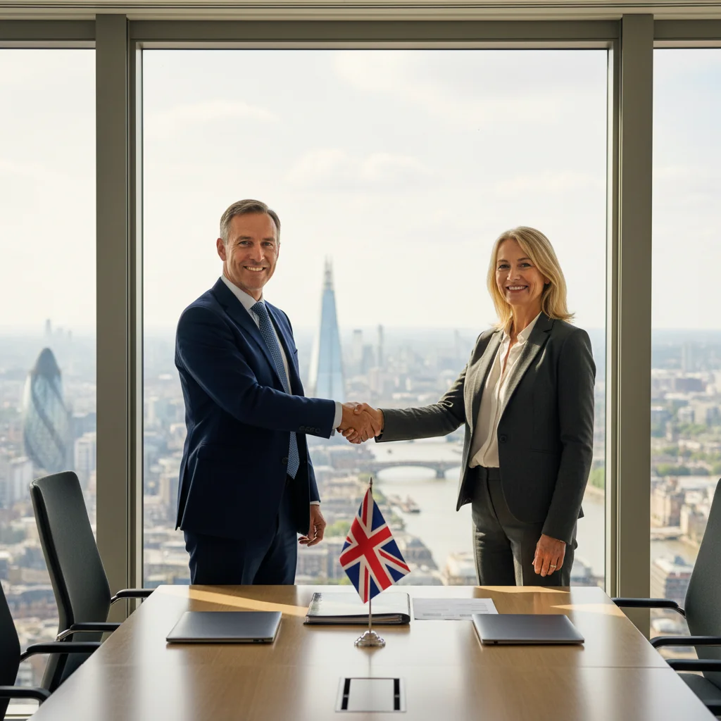 A photorealistic image of two professional business adults shaking hands in a modern UK office setting, symbolizing partnership and agreement among shareholders, with a subtle Union Jack flag in the background to represent the United Kingdom. The scene conveys trust, collaboration, and corporate success without any focus on legal documents.