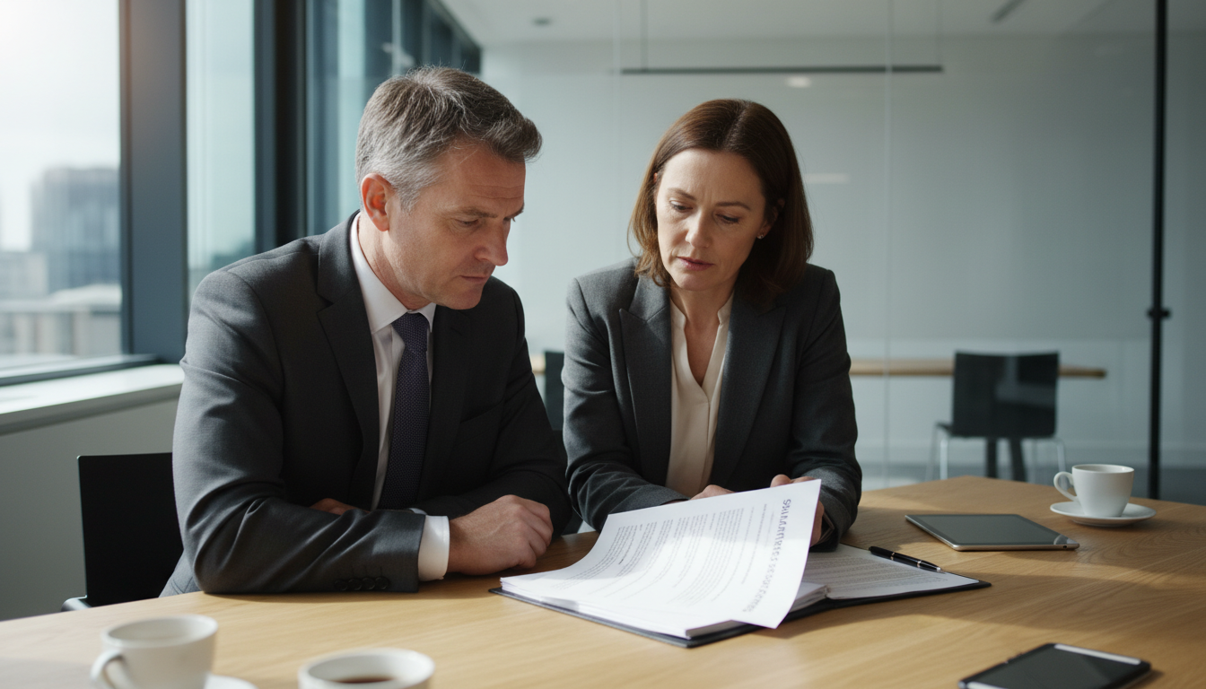 Business professionals reviewing legal agreement