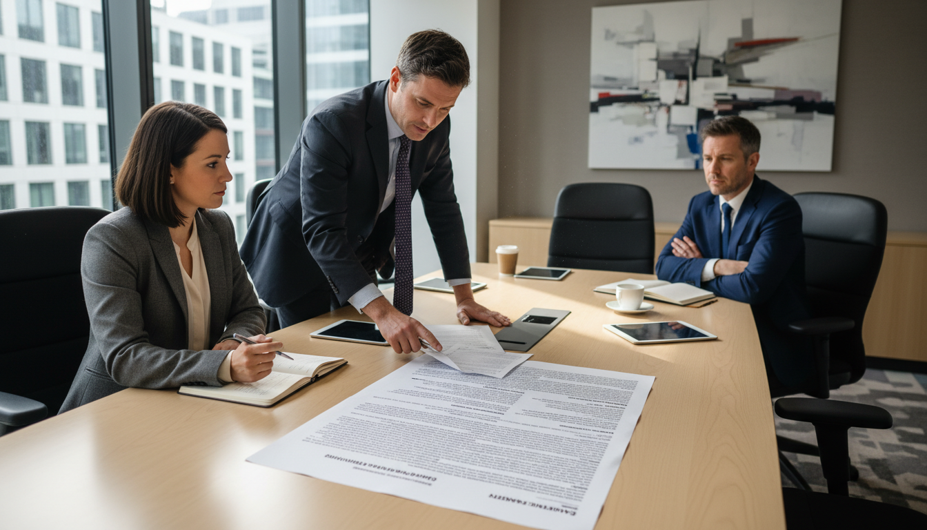 Business professionals reviewing shareholder agreement