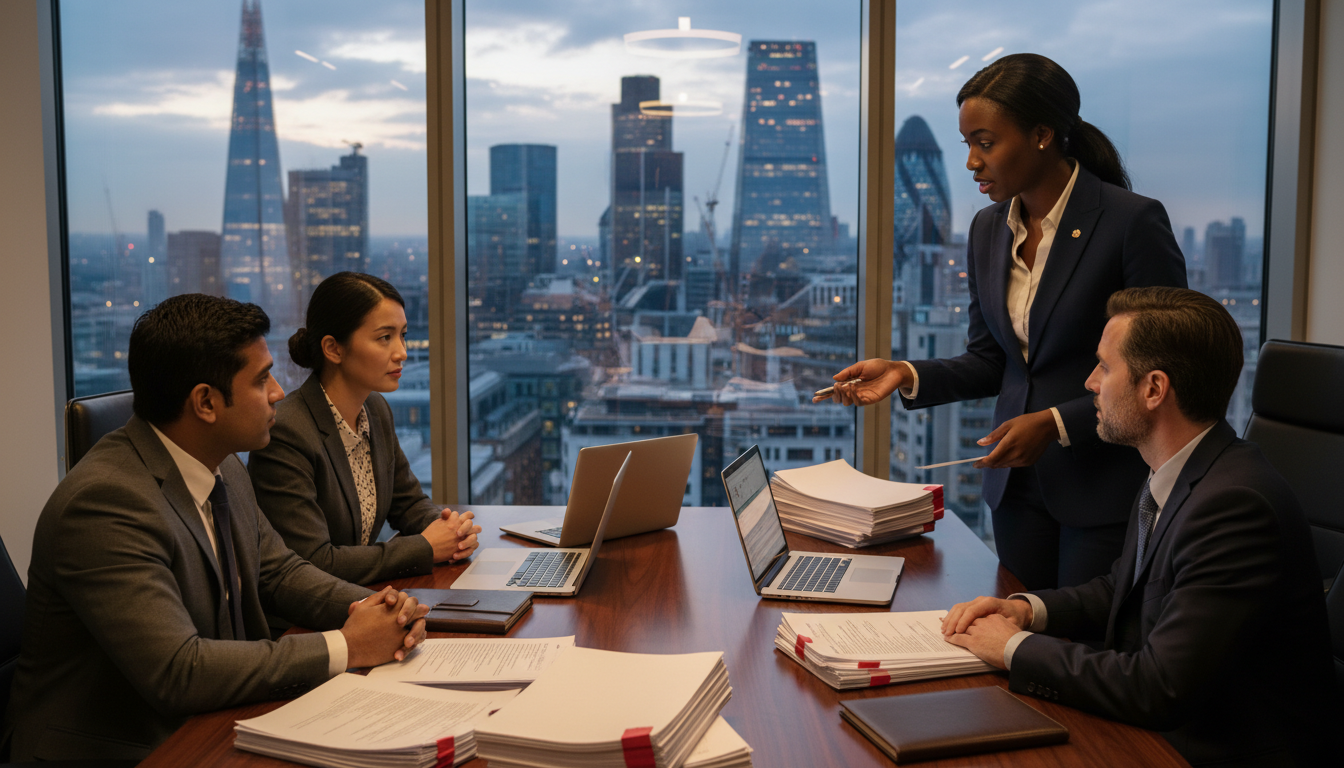 Legal team discussing UK shareholder terms