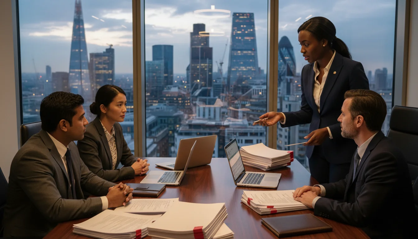 Legal team discussing UK shareholder terms