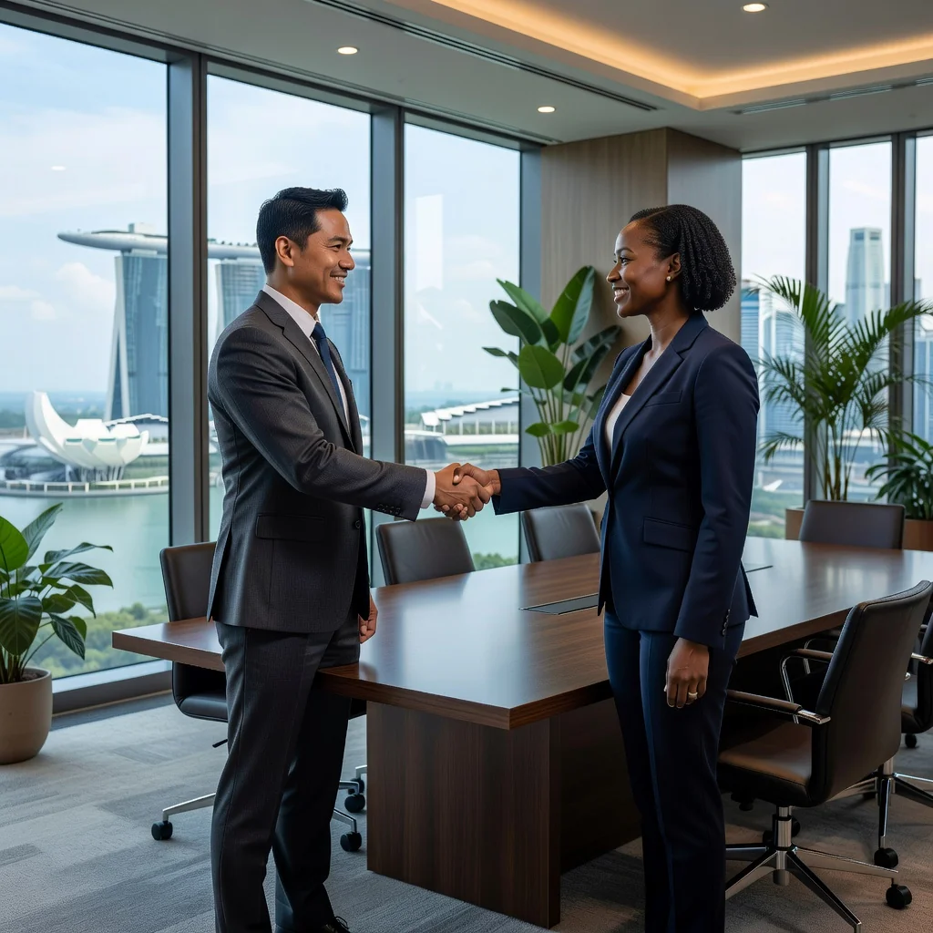 A professional scene representing partnership and business collaboration in Singapore, showing two diverse adult business professionals shaking hands across a modern conference table in a high-rise office with a city skyline view, symbolizing the agreement and trust in shareholders' partnerships. No children present.