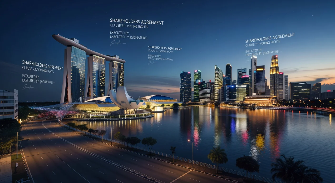 Singapore skyline with corporate legal symbols