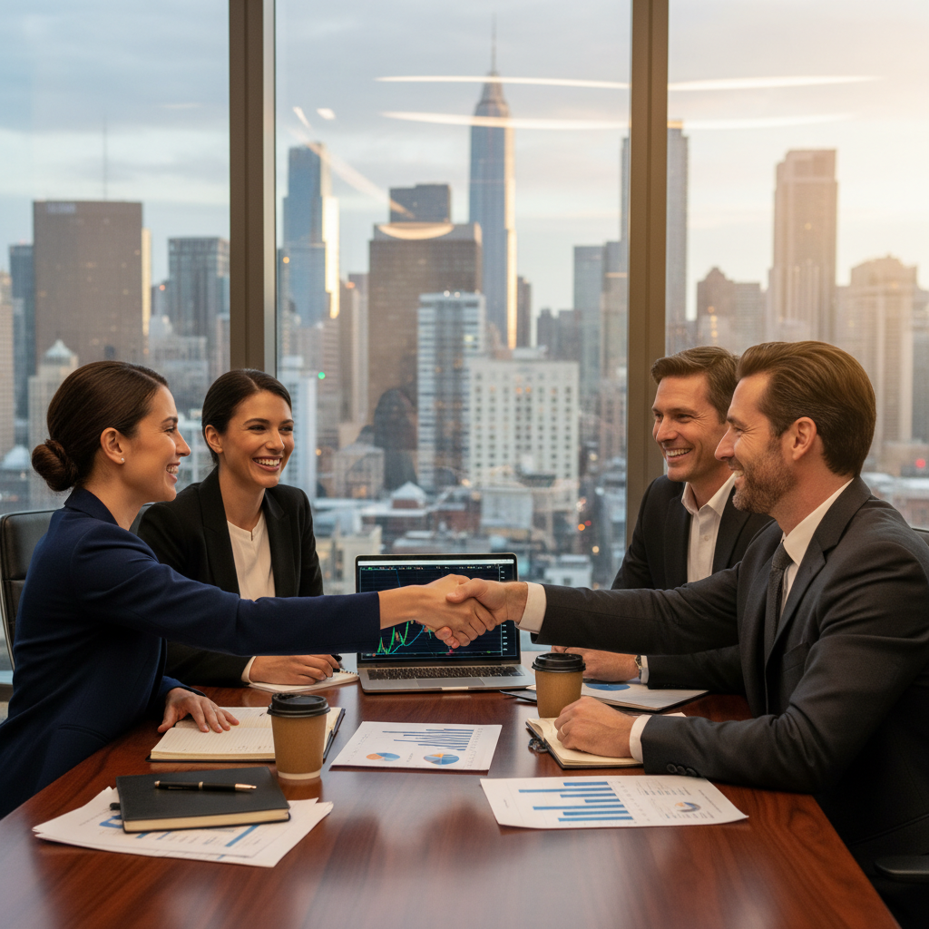 A photorealistic image of diverse adult business professionals in a modern conference room, shaking hands over a table with charts and graphs, symbolizing partnership and agreement among shareholders in a corporate setting. No children present.