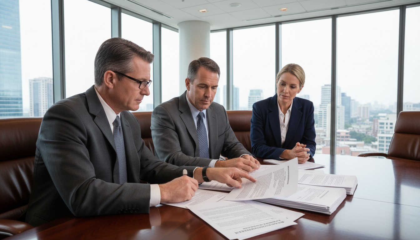 Business professionals reviewing legal documents