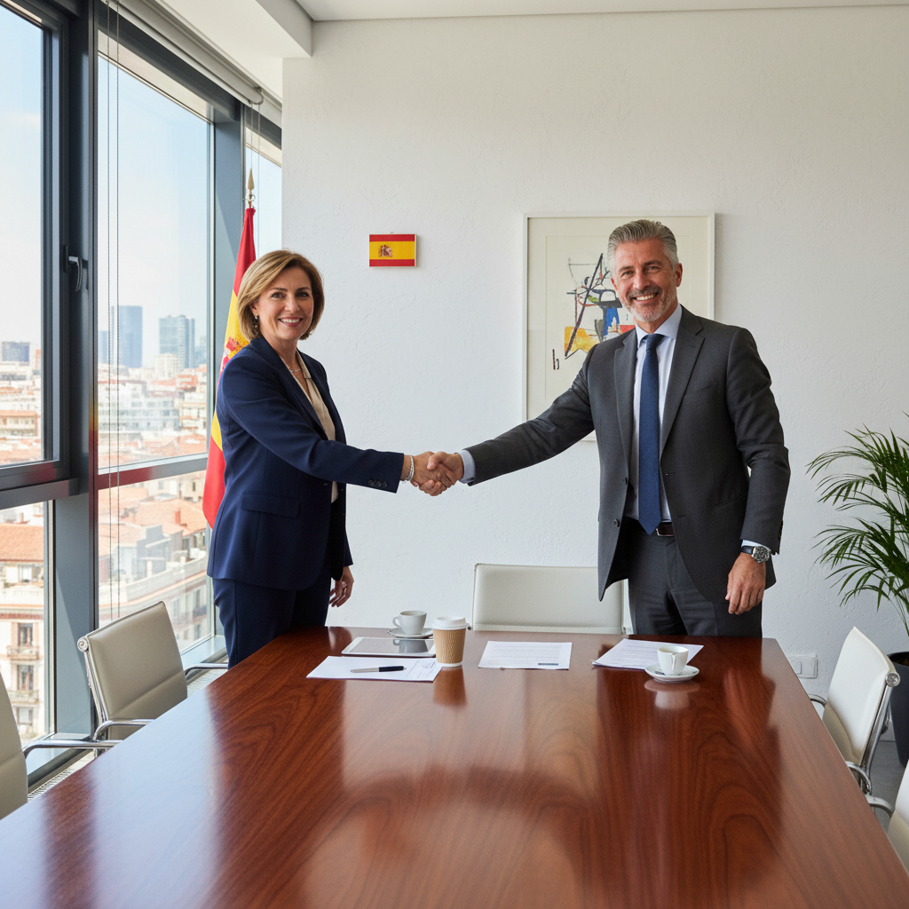 A photorealistic image of two professional adults in a modern Spanish office, shaking hands over a conference table with subtle Spanish elements like a flag or map in the background, symbolizing a business partnership agreement without showing any documents.