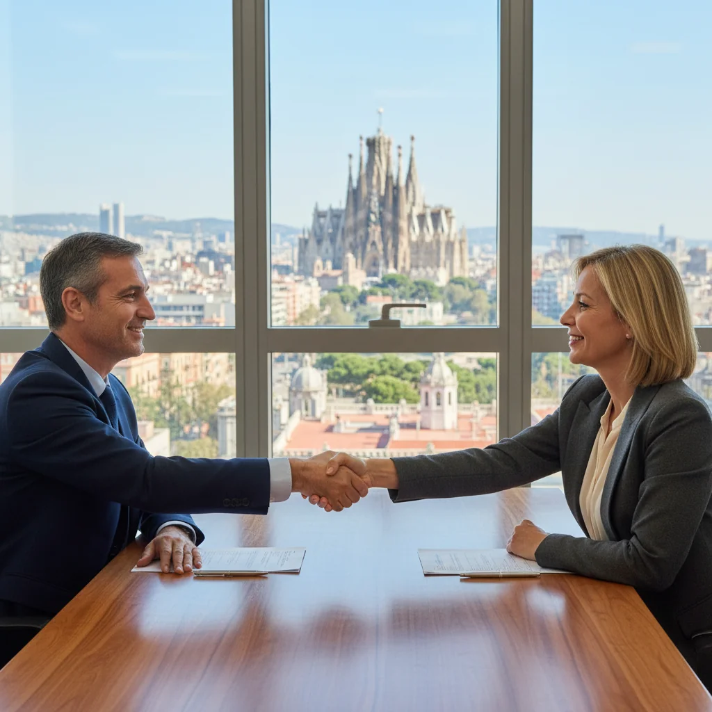 A photorealistic image of two professional adults shaking hands in a modern Spanish office, symbolizing partnership and agreement in a business context, with subtle Spanish elements like a flag or architecture in the background, conveying trust and collaboration without showing any legal documents.