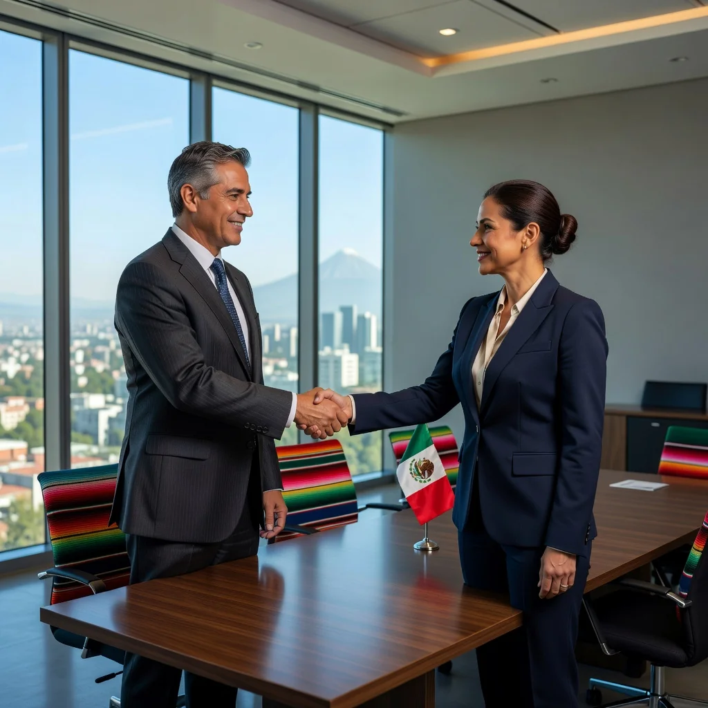 A photorealistic image representing partnership and collaboration in a Mexican business context, featuring two professional adults shaking hands across a conference table in a modern office with subtle Mexican cultural elements like a flag or traditional decor in the background, symbolizing a shareholders' agreement.
