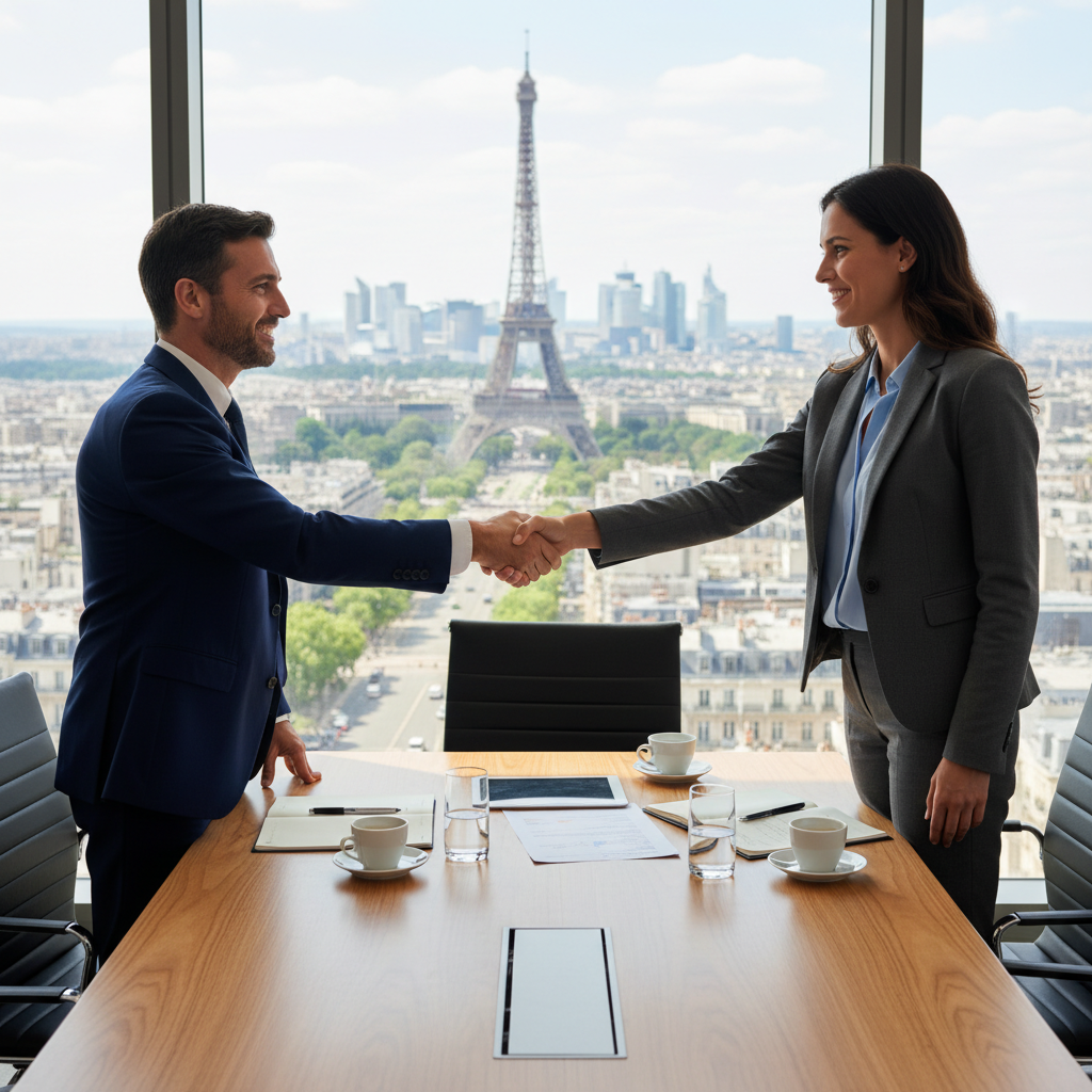 A photorealistic image of two professional business partners in a modern French office, shaking hands over a conference table with a subtle French flag in the background, symbolizing agreement and partnership without showing any legal documents.