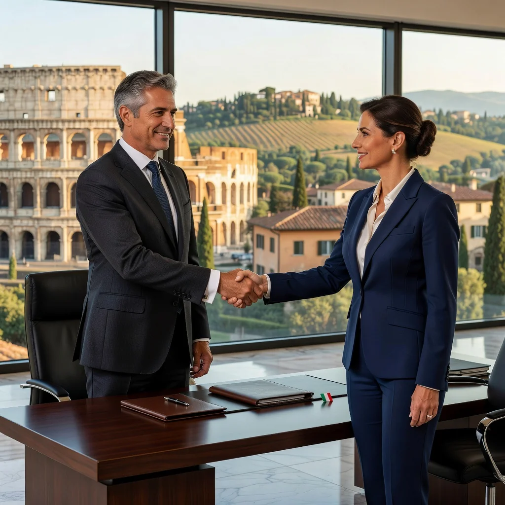 A photorealistic image representing partnership and collaboration in an Italian business context, showing two professional adults shaking hands in a modern office with Italian landmarks visible through the window, symbolizing the trust and agreement in a shareholders' pact without focusing on any documents.