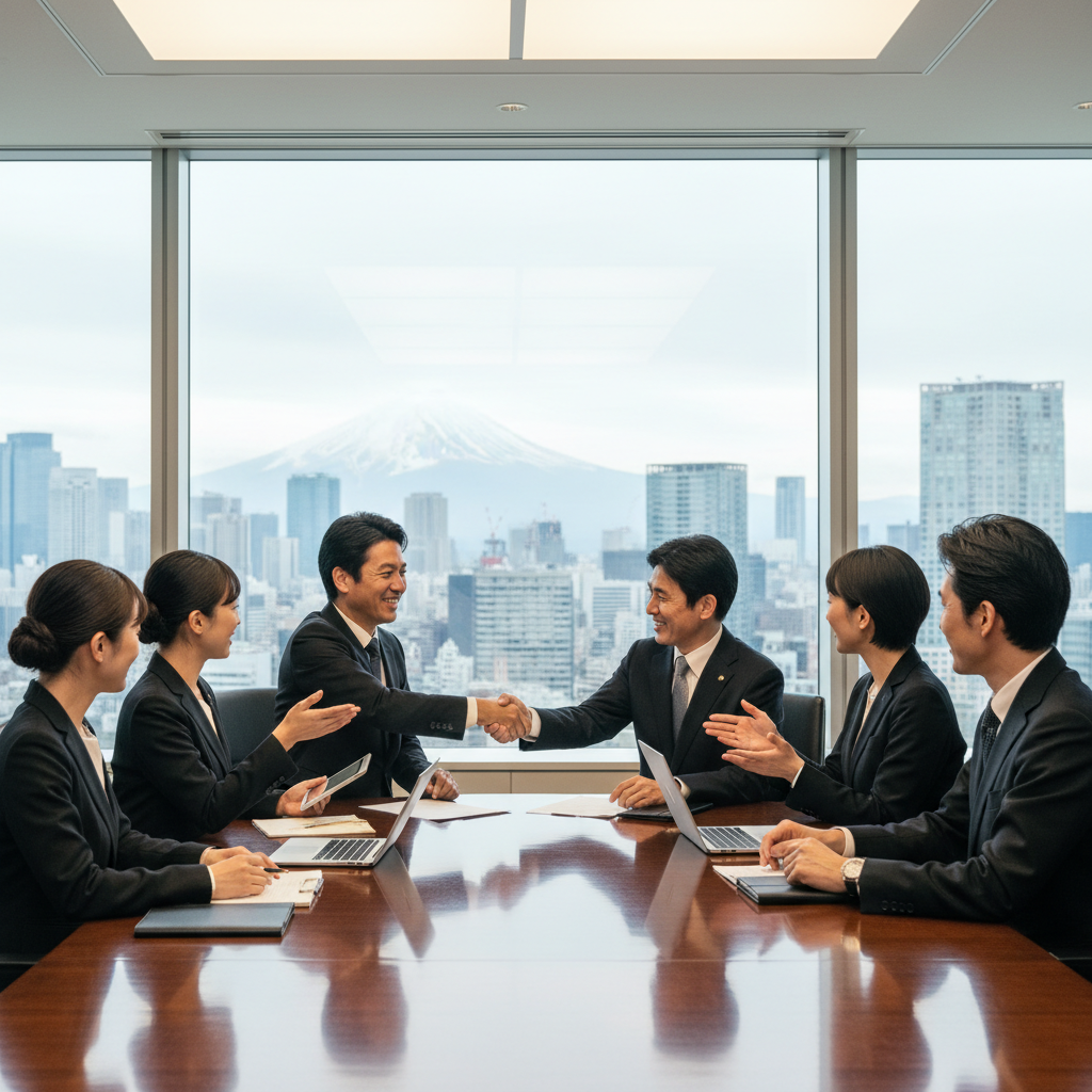 A professional business meeting in a modern Japanese office, where diverse adult Japanese business professionals are engaged in a serious discussion around a conference table, shaking hands to symbolize agreement and partnership, with subtle Japanese cultural elements like a view of Mount Fuji in the background through large windows, conveying trust and collaboration in corporate governance.