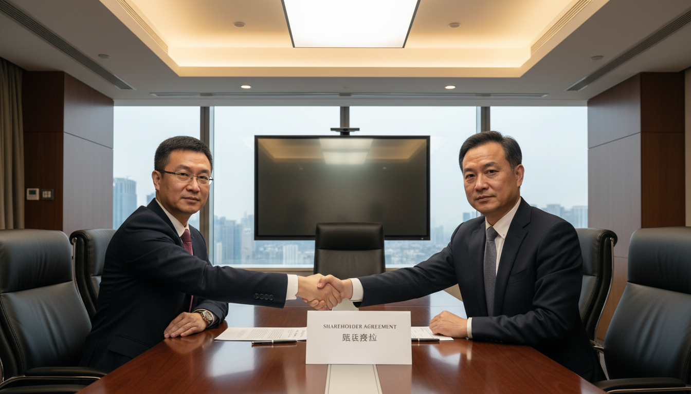 Chinese business executives signing shareholder agreement