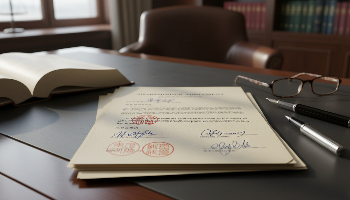 Legal documents with Chinese seals on desk