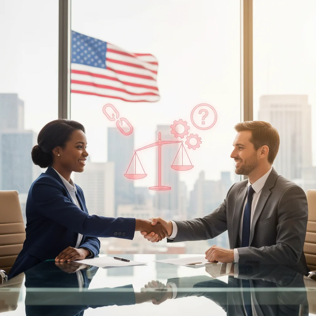 A professional illustration depicting two business partners shaking hands across a conference table, with subtle warning signs like cracked foundations or mismatched puzzle pieces in the background to symbolize common mistakes in partnerships, in a modern American office setting.