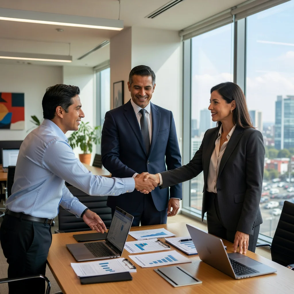 A photorealistic image depicting Mexican business professionals in a modern office setting, shaking hands to symbolize partnership and collaboration in a business venture. The scene conveys both the benefits like growth and success, and risks like thoughtful discussion, with diverse adult adults only, no children present. The background includes subtle Mexican cultural elements like a flag or cityscape view from a window.