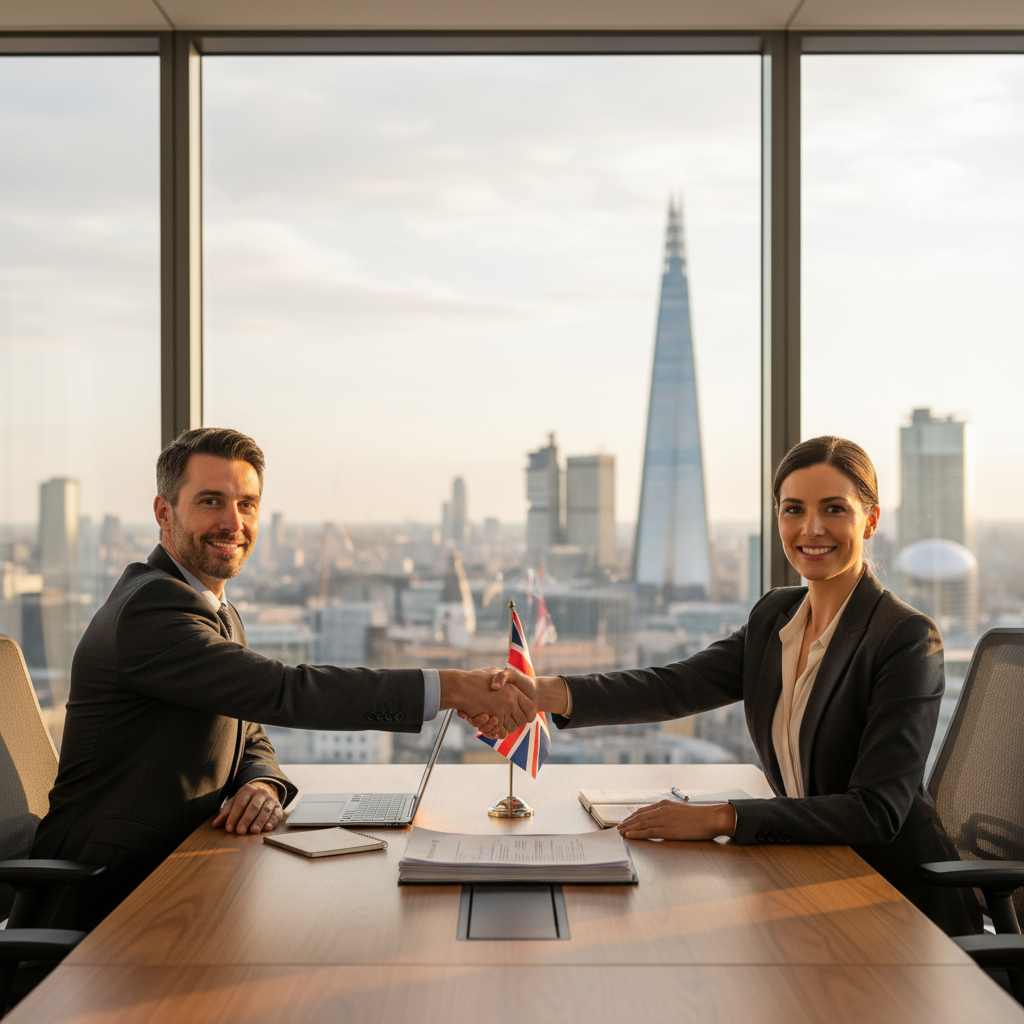 A photorealistic image of two adult professionals in a modern UK office setting, shaking hands across a conference table with a subtle Union Jack flag in the background, symbolizing a successful business partnership agreement. The focus is on collaboration and trust, with natural lighting and realistic details, no children present.