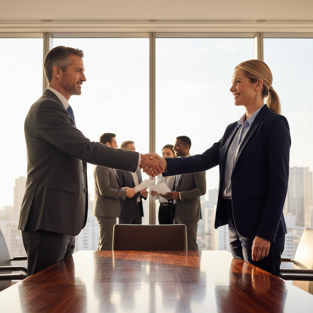 A photorealistic image of two professional adults shaking hands in a modern office setting, symbolizing a business partnership agreement, with subtle background elements like a conference table and city skyline view, conveying trust and collaboration.