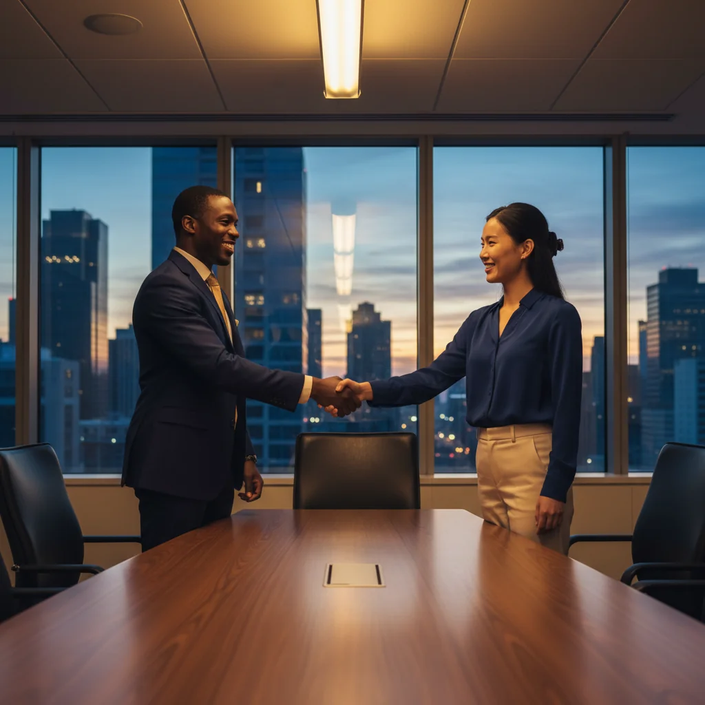 A professional scene symbolizing partnership and collaboration in a business context, featuring two diverse business professionals shaking hands across a conference table with a city skyline in the background, evoking trust, agreement, and teamwork without showing any legal documents.