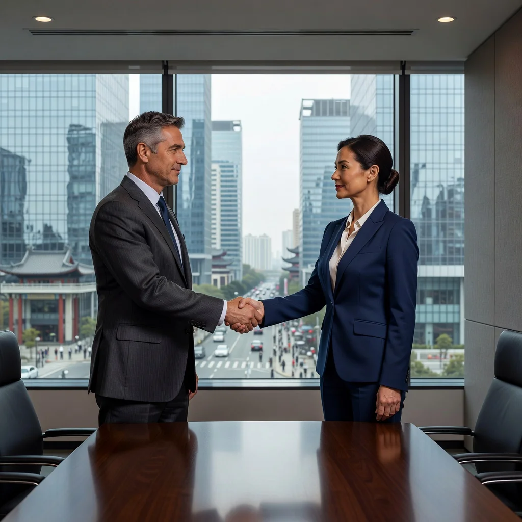 A photorealistic image of two professional adults, a man and a woman in business attire, shaking hands across a modern conference table in a sleek office, symbolizing partnership and collaboration in a Chinese business context, with subtle Chinese architectural elements in the background like a city skyline with pagoda influences, conveying trust and agreement without showing any legal documents.
