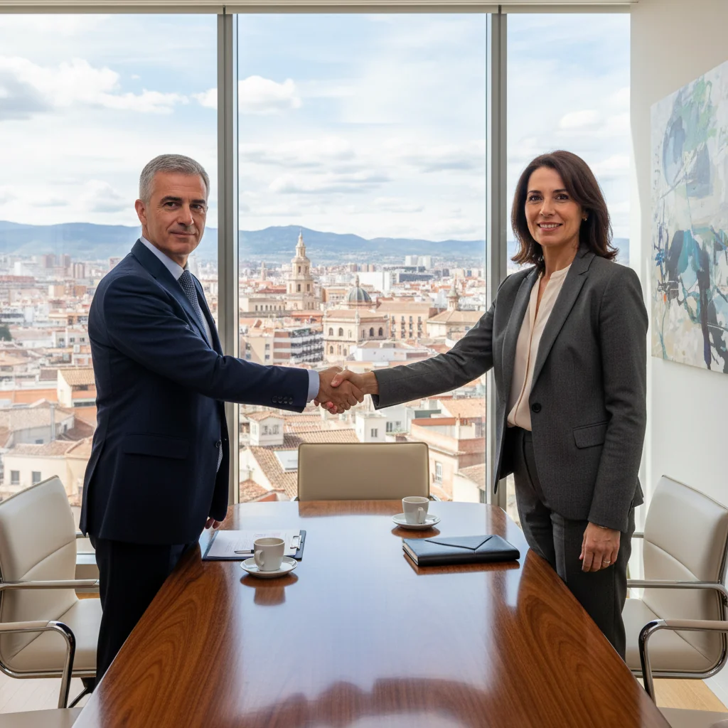 A photorealistic image of two adult business professionals shaking hands in a modern office setting, symbolizing the formation of a business partnership under Spanish legislation. The scene conveys trust, collaboration, and agreement without any legal documents visible. No children are present.